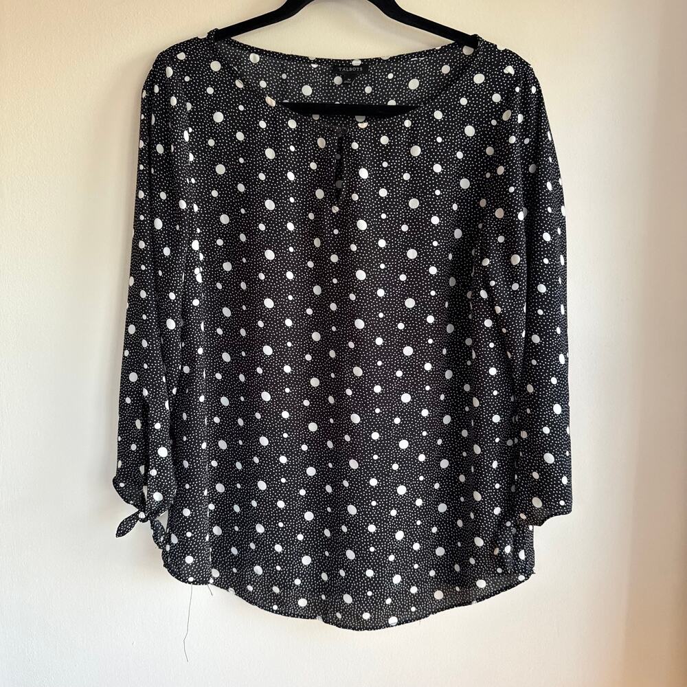 Talbots Tie-Sleeve Blouse Top Black Bold Polka Keyhole Neck 3/4 Sleeve Sz M
